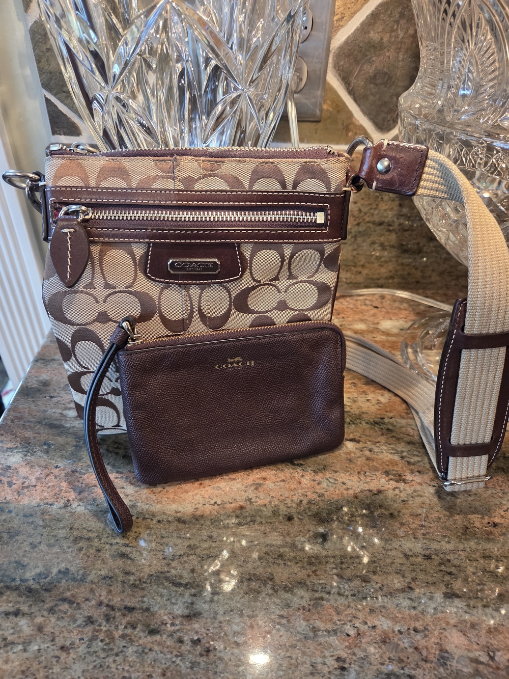Coach Signature Canvas Crossbody Bag in Brown With Matching Brown Wristlet